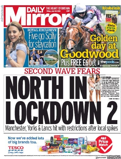 Daily Mirror (UK) Newspaper Front Page for 31 July 2020