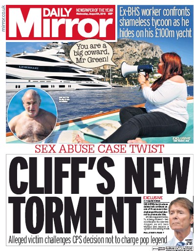 Daily Mirror Newspaper Front Page for 31 August 2016