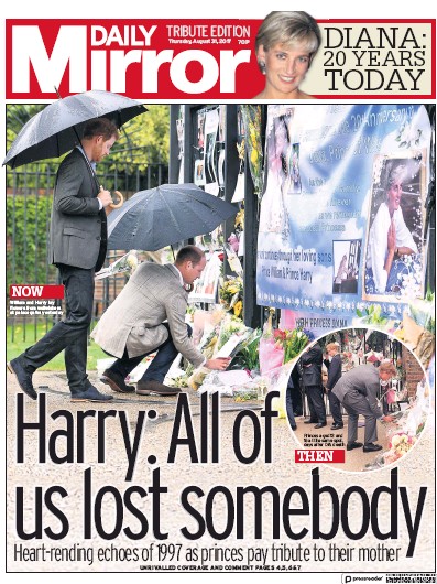 Daily Mirror Newspaper Front Page for 31 August 2017