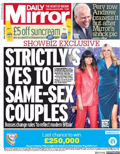 Daily Mirror (UK) Newspaper Front Page for 31 August 2019