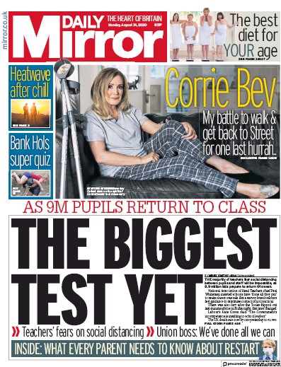 Daily Mirror (UK) Newspaper Front Page for 31 August 2020