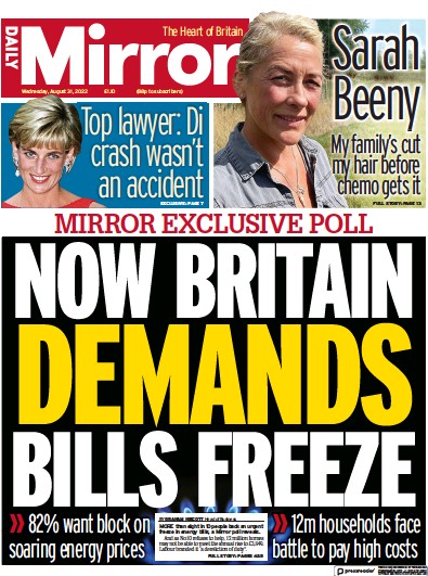 Daily Mirror (UK) Newspaper Front Page for 31 August 2022