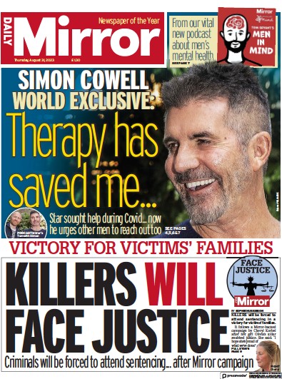 Daily Mirror (UK) Newspaper Front Page for 31 August 2023