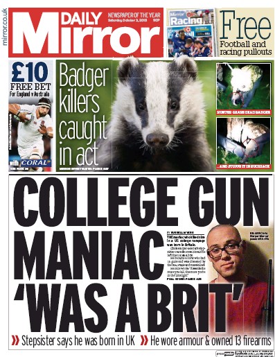 Daily Mirror Newspaper Front Page for 3 October 2015