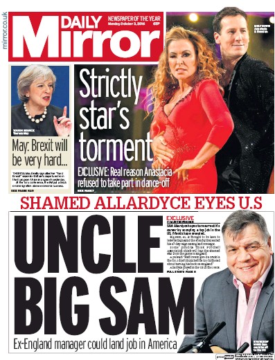 Daily Mirror (UK) Newspaper Front Page for 3 October 2016