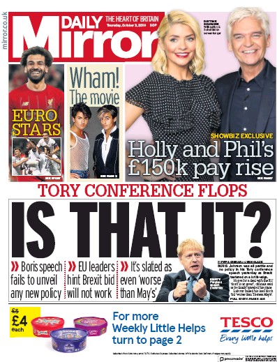 Daily Mirror Newspaper Front Page for 3 October 2019