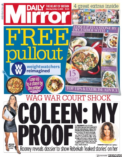 Daily Mirror Newspaper Front Page for 3 October 2020