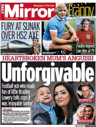 Daily Mirror (UK) Newspaper Front Page for 3 October 2023