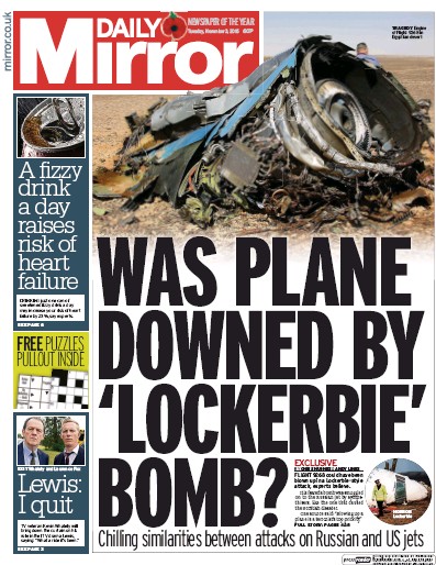 Daily Mirror Newspaper Front Page for 3 November 2015