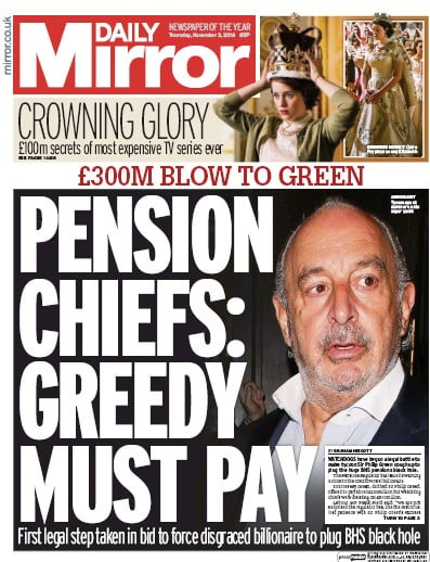 Daily Mirror Newspaper Front Page for 3 November 2016