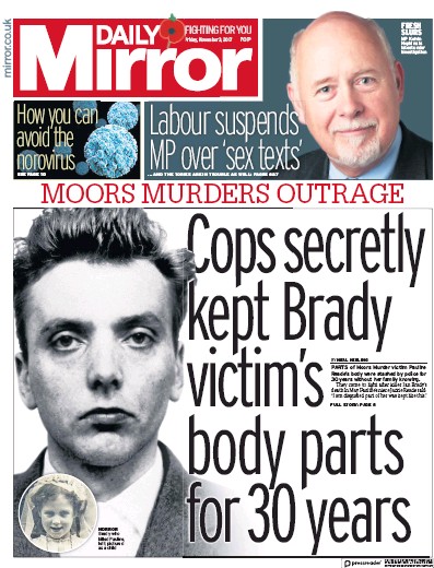 Daily Mirror Newspaper Front Page for 3 November 2017