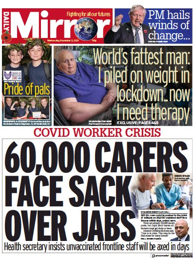 Daily Mirror (UK) Newspaper Front Page for 3 November 2021