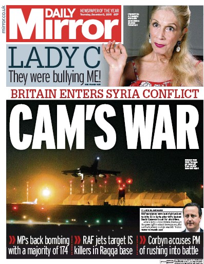 Daily Mirror Newspaper Front Page for 3 December 2015