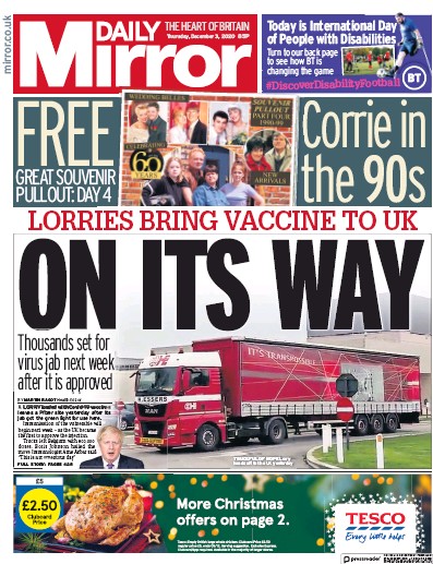 Daily Mirror (UK) Newspaper Front Page for 3 December 2020