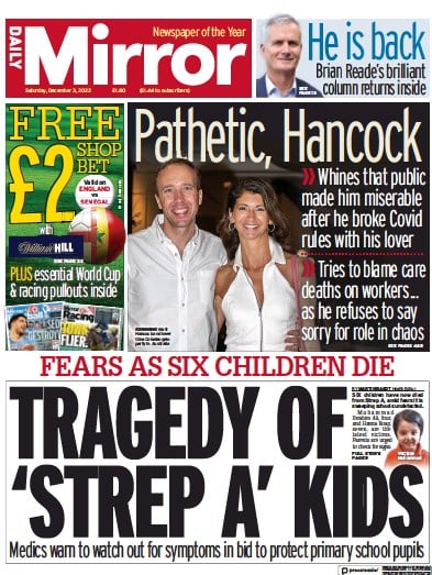 Daily Mirror (UK) Newspaper Front Page for 3 December 2022
