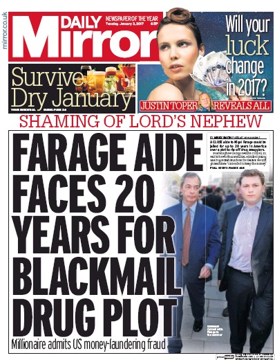 Daily Mirror (UK) Newspaper Front Page for 3 January 2017