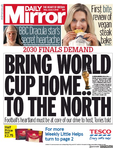 Daily Mirror Newspaper Front Page for 3 January 2020
