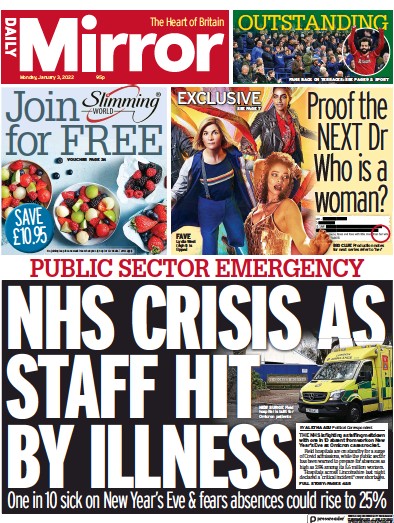 Daily Mirror (UK) Newspaper Front Page for 3 January 2022