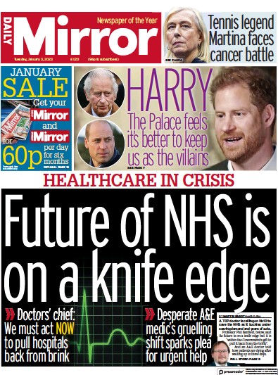 Daily Mirror (UK) Newspaper Front Page for 3 January 2023