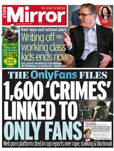 Daily Mirror (UK) Newspaper Front Page for 3 February 2025