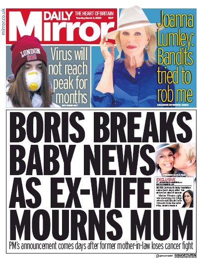 Daily Mirror (UK) Newspaper Front Page for 3 March 2020