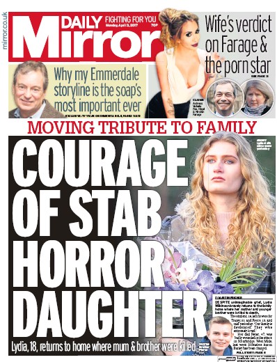Daily Mirror Newspaper Front Page for 3 April 2017