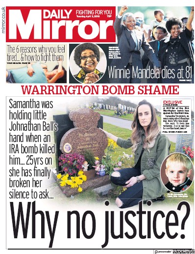 Daily Mirror Newspaper Front Page for 3 April 2018
