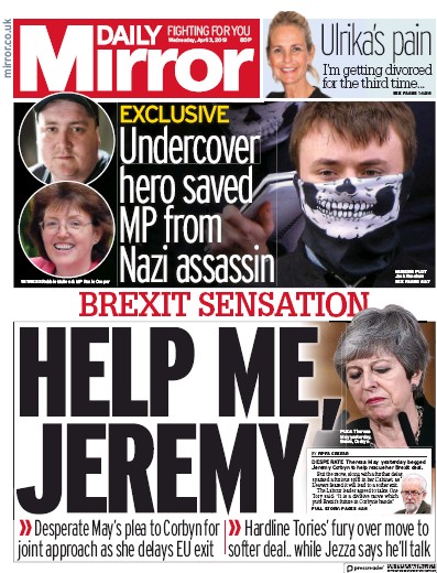Daily Mirror Newspaper Front Page for 3 April 2019