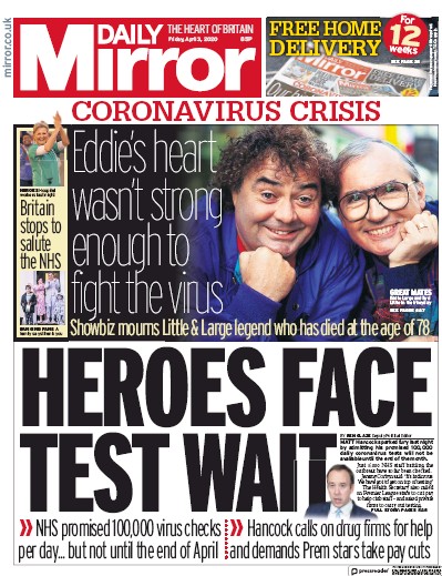 Daily Mirror (UK) Newspaper Front Page for 3 April 2020