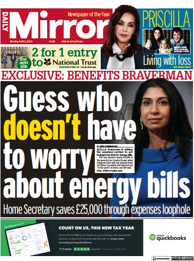 Daily Mirror (UK) Newspaper Front Page for 3 April 2023