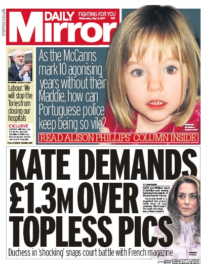 Daily Mirror Newspaper Front Page for 3 May 2017