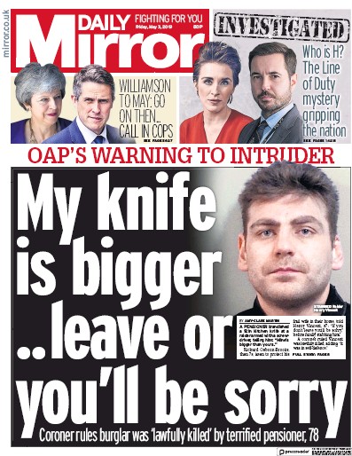 Daily Mirror Newspaper Front Page for 3 May 2019