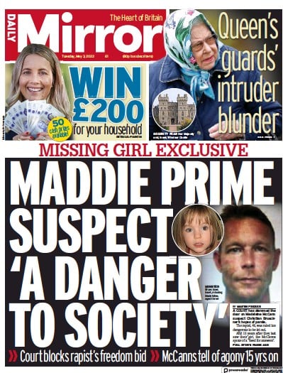 Daily Mirror (UK) Newspaper Front Page for 3 May 2022