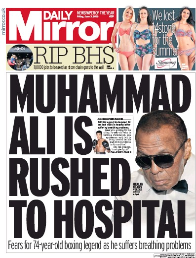 Daily Mirror Newspaper Front Page for 3 June 2016