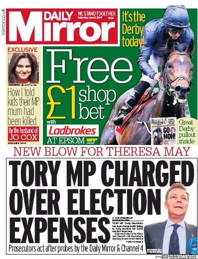Daily Mirror Newspaper Front Page for 3 June 2017