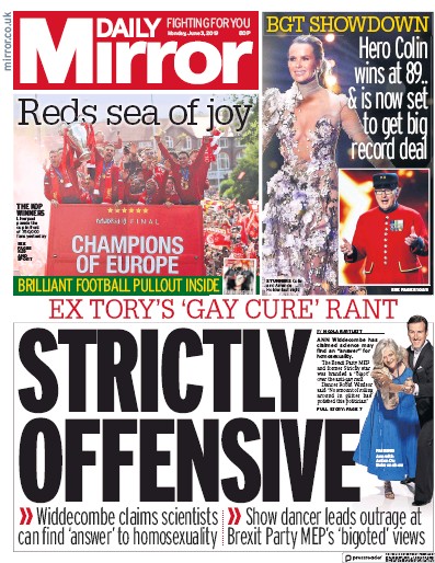 Daily Mirror (UK) Newspaper Front Page for 3 June 2019