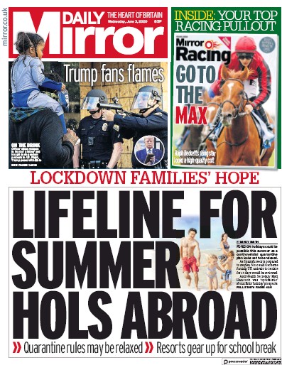 Daily Mirror Newspaper Front Page for 3 June 2020