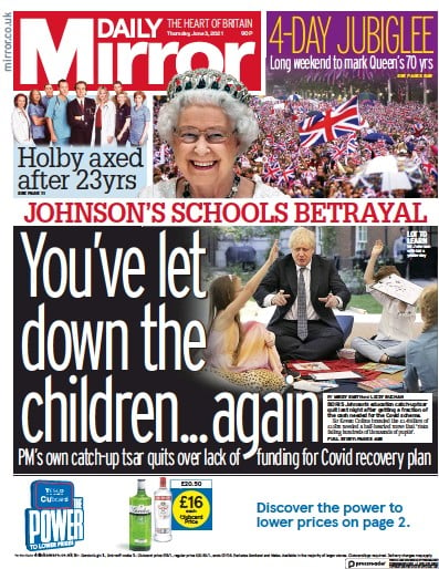 Daily Mirror Newspaper Front Page for 3 June 2021