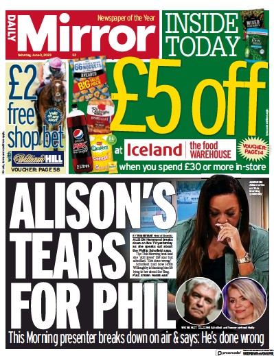 Daily Mirror (UK) Newspaper Front Page for 3 June 2023
