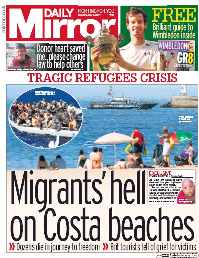 Daily Mirror Newspaper Front Page for 3 July 2017