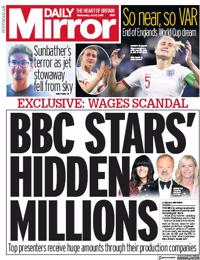 Daily Mirror Newspaper Front Page for 3 July 2019