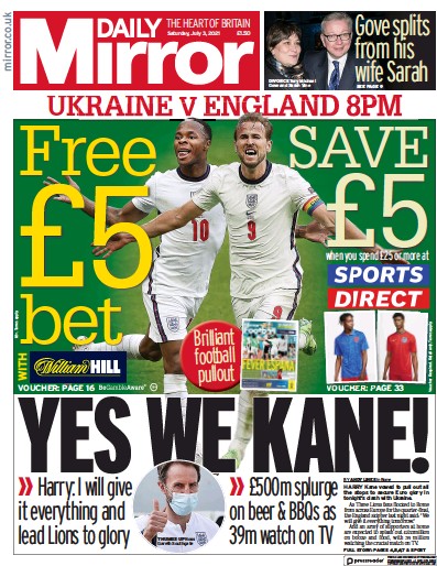 Daily Mirror (UK) Newspaper Front Page for 3 July 2021