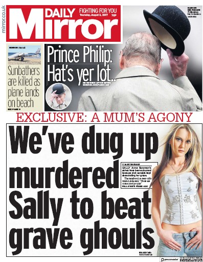 Daily Mirror Newspaper Front Page for 3 August 2017
