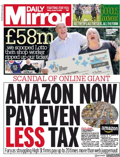 Daily Mirror Newspaper Front Page for 3 August 2018