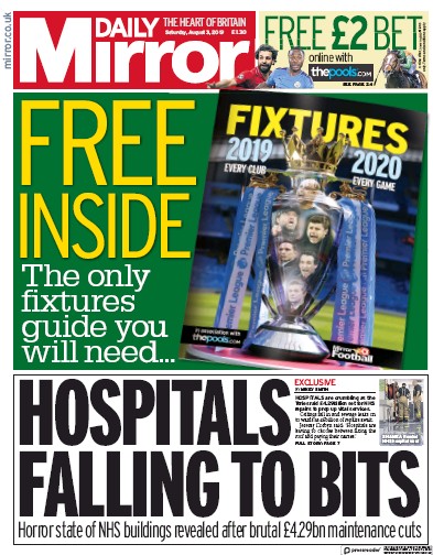 Daily Mirror Newspaper Front Page for 3 August 2019