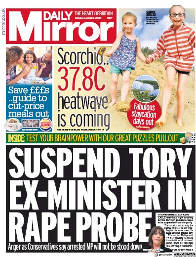 Daily Mirror (UK) Newspaper Front Page for 3 August 2020