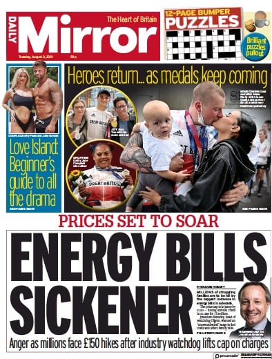 Daily Mirror (UK) Newspaper Front Page for 3 August 2021
