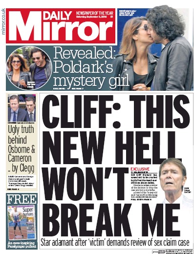 Daily Mirror Newspaper Front Page for 3 September 2016