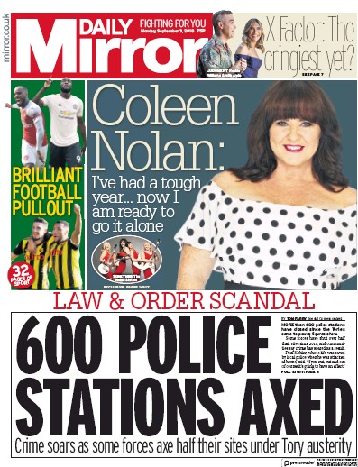Daily Mirror Newspaper Front Page for 3 September 2018