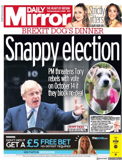 Daily Mirror (UK) Newspaper Front Page for 3 September 2019